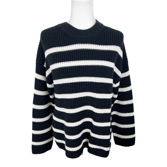 H&M Sweater Women Small Black White Striped Chunky Knit Pullover Oversized Relax - Picture 1 of 14
